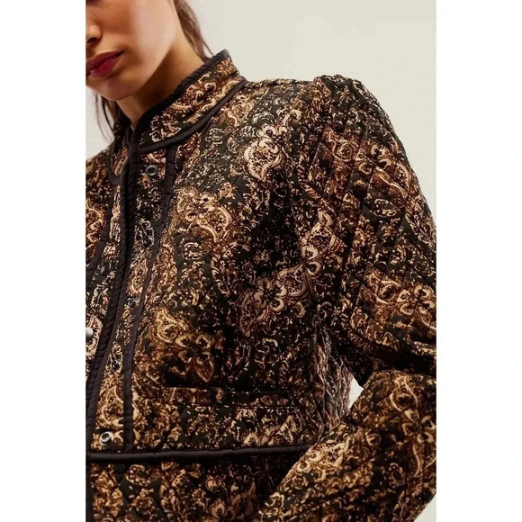 New Free People Zoey Jacket Quilted Fall Paisley Print Collarless Black - Picture 4 of 13